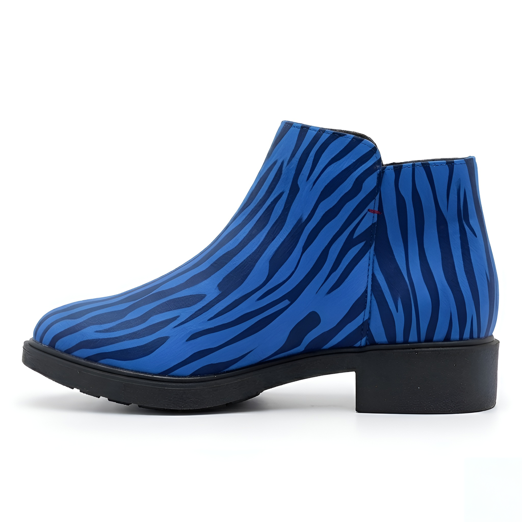 kimood MUSE Ankle Boots with Gold Zipper - Blue Zebra Print Ankle Boots
