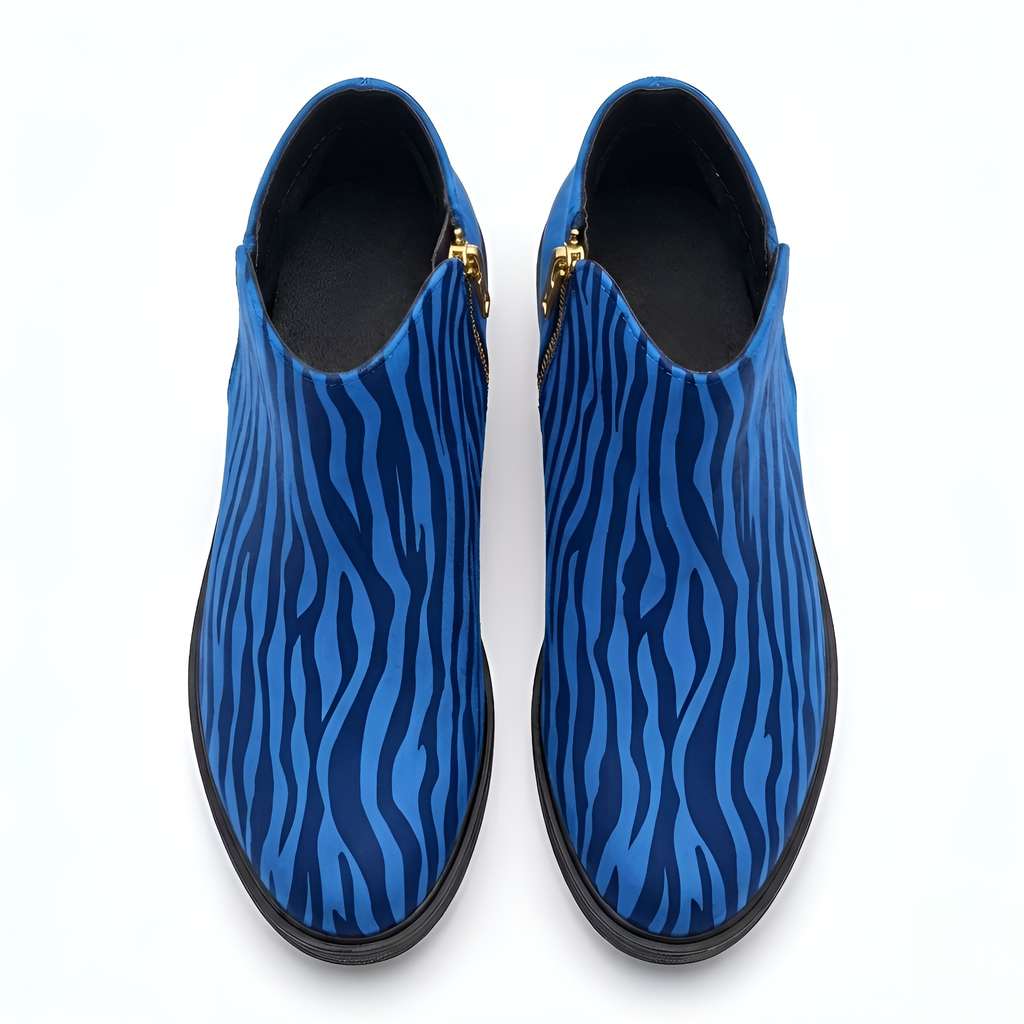 kimood MUSE Ankle Boots with Gold Zipper - Blue Zebra Print Ankle Boots