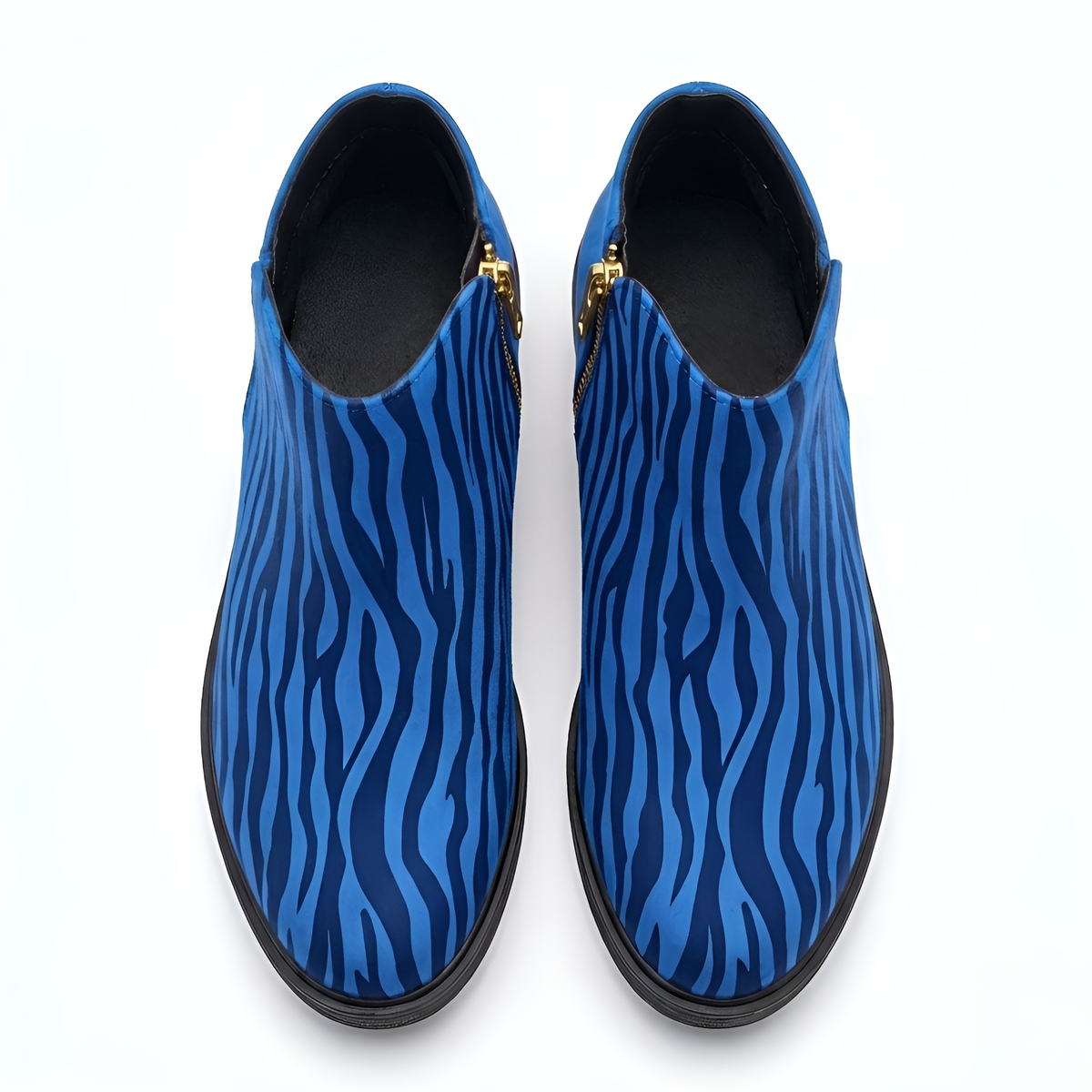 kimood MUSE Ankle Boots with Gold Zipper - Blue Zebra Print Ankle Boots