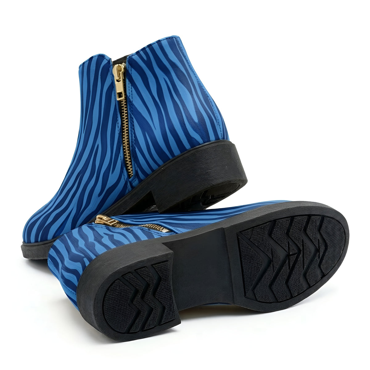 kimood MUSE Ankle Boots with Gold Zipper - Blue Zebra Print Ankle Boots