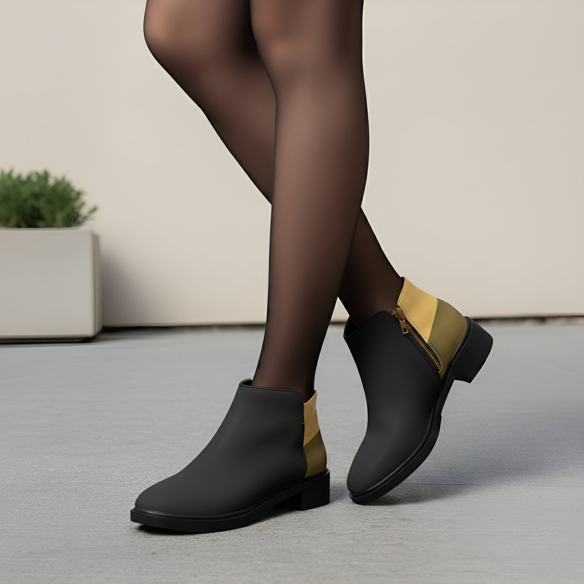 kimood Two-Tone Women's Ankle Boots with Gold Zipper, Black & Mustard