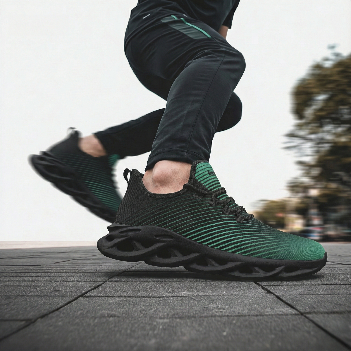 kimood NEON Stripes & Blade Sole Sneakers, Black & Green Laser