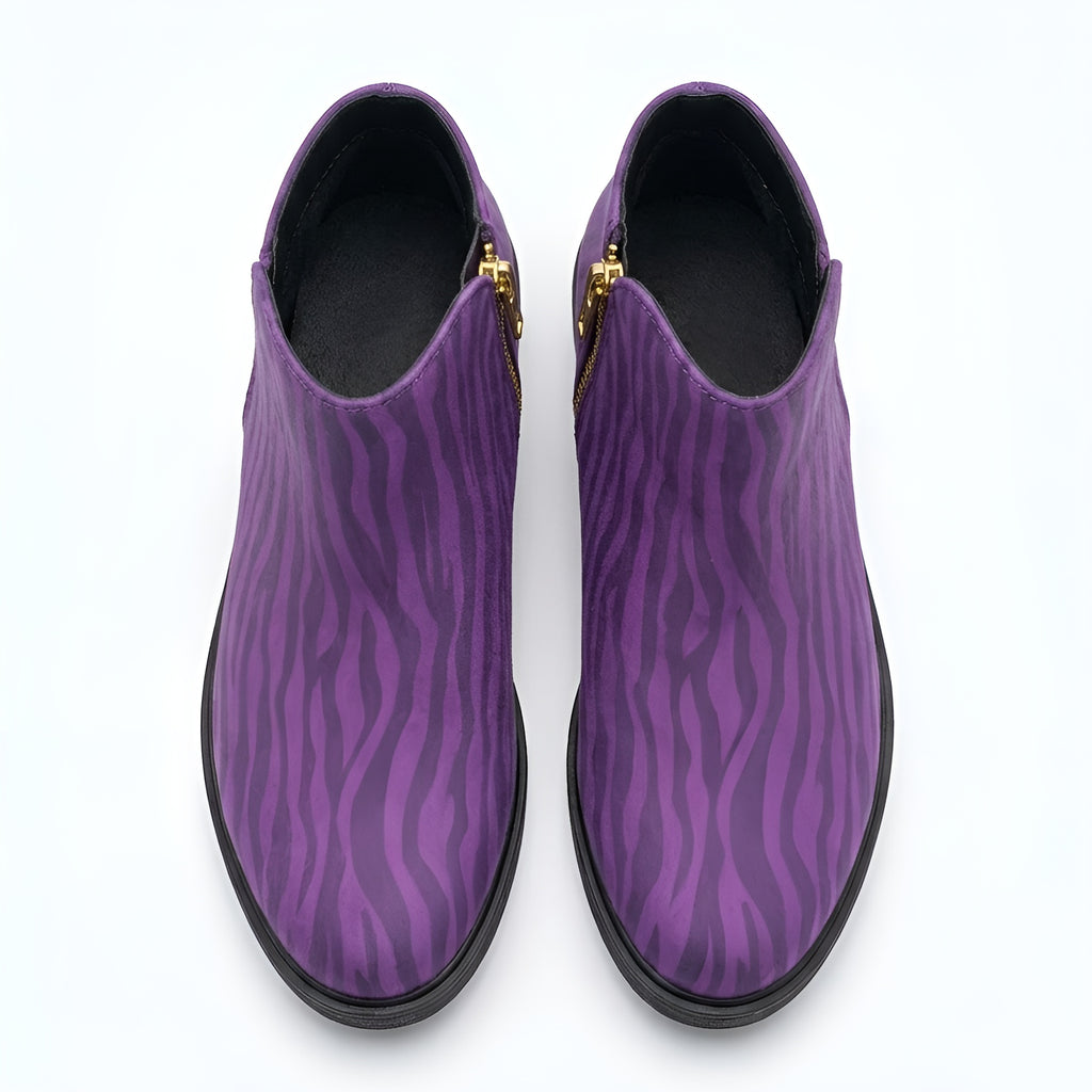kimood MUSE Ankle Boots with Gold Zipper - Purple Zebra Print