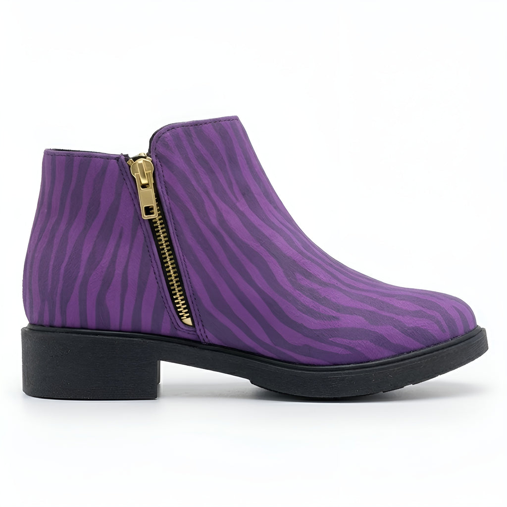kimood MUSE Ankle Boots with Gold Zipper - Purple Zebra Print