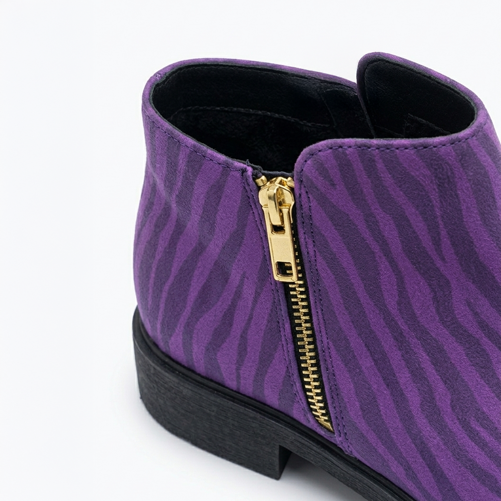 kimood MUSE Ankle Boots with Gold Zipper - Purple Zebra Print